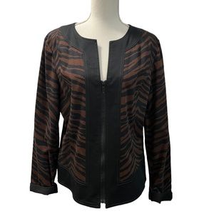 Maggy London Brown Black Zebra Stripe Animal Print Full Zip Blazer Top Sz 14